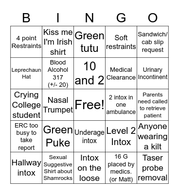 St Patrick's Day Bingo Card