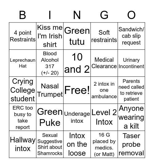 St Patrick's Day Bingo Card