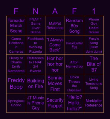 FNAF Movie Bingo Card