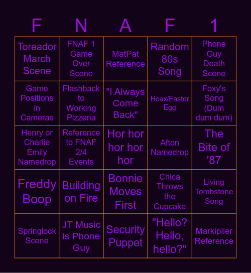 FNAF Movie Bingo Card