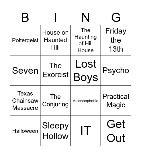 Scary Movie Bingo Card