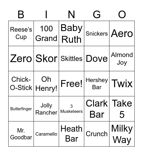 Candy Bar Bingo Card