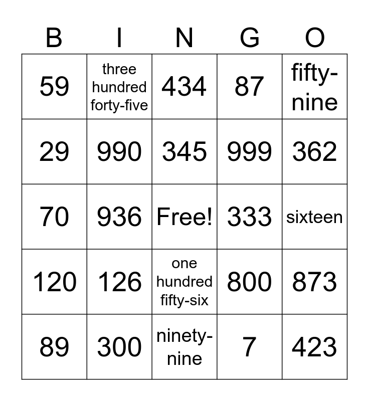 What's That Number? Bingo Card