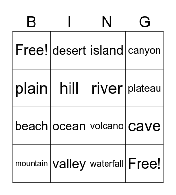 Different Landforms Bingo Card