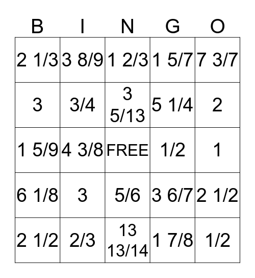 Fraction Bingo Card