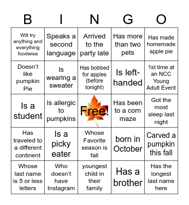 Young Adult Harvest Guess the Guest Bingo Card