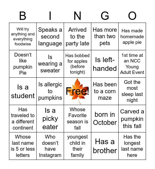 Young Adult Harvest Guess the Guest Bingo Card