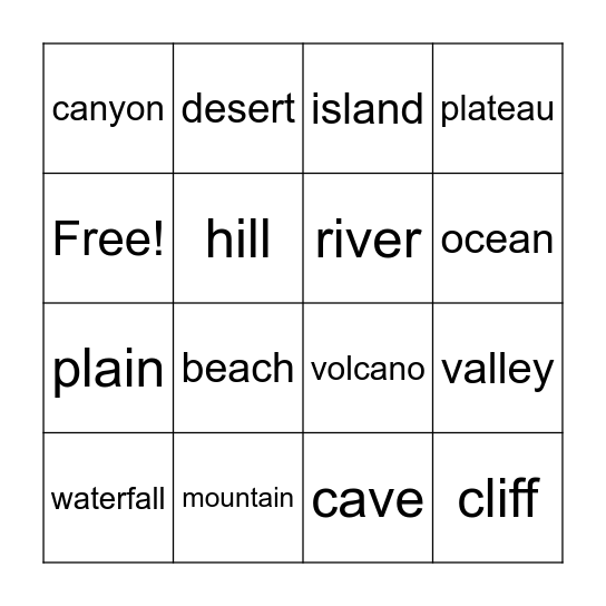 Different Landforms Bingo Card