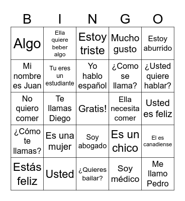 Spanish Bingo 1 Bingo Card