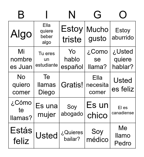 Spanish Bingo 1 Bingo Card