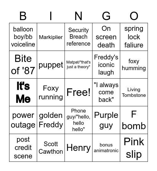 FNAF Bingo remaster Bingo Card