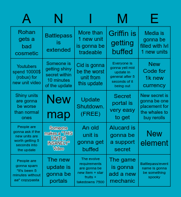 Anime Adventures Halloween update Bingo Card