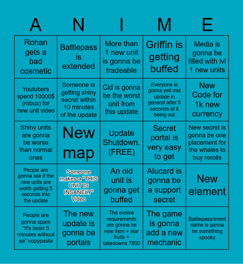 Anime Adventures Halloween update Bingo Card