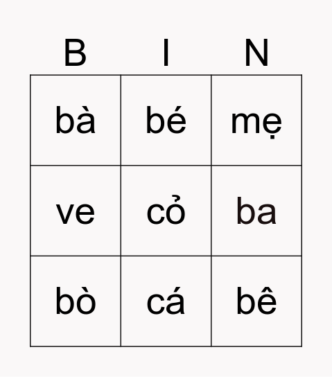 BINGO TỪ Bingo Card