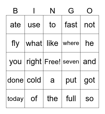 Sight Words Bingo Card