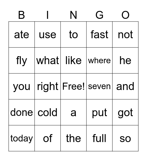 Sight Words Bingo Card