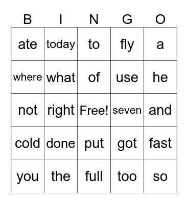 Sight Words Bingo Card