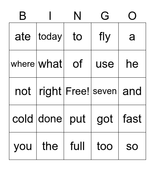 Sight Words Bingo Card