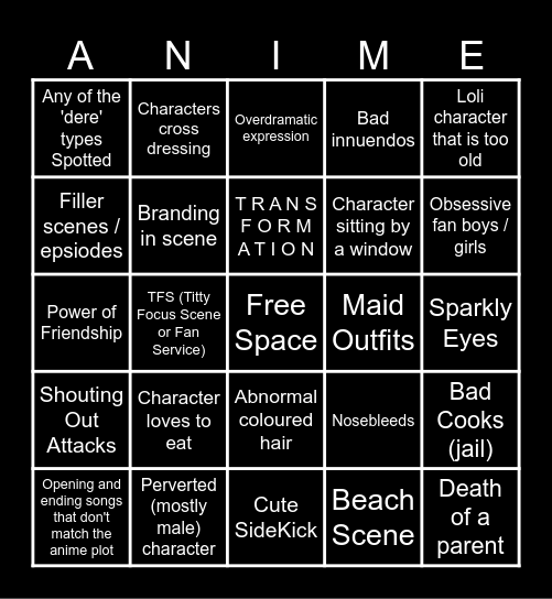 Anime Clichés Bingo Card