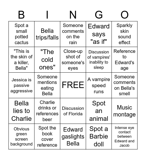 Twilight Movie Bingo Card