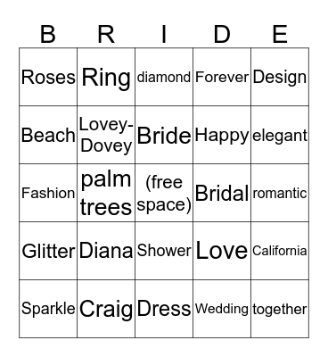 Diana's Bridal shower Bingo Card
