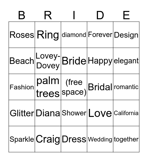 Diana's Bridal shower Bingo Card