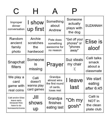 Chap Dinner Bingo Card