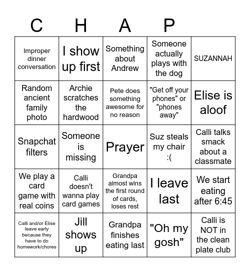 Chap Dinner Bingo Card