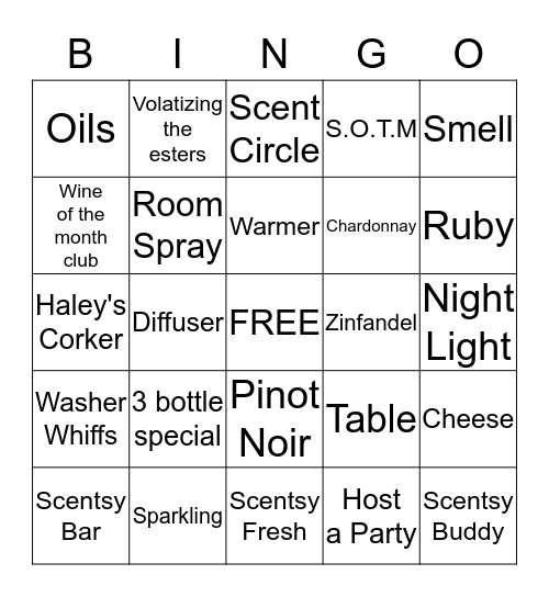 Wine & Scentsy Bingo Card