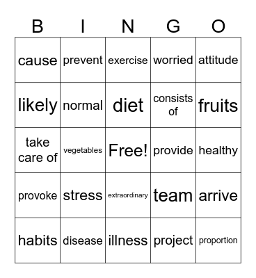 Health Vocabulary ESL Bingo Card