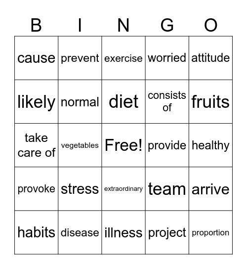 Health Vocabulary ESL Bingo Card