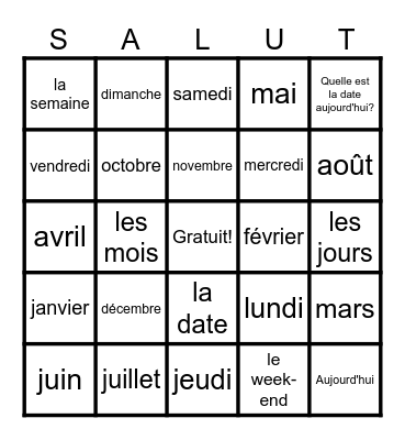 French months & days Bingo Card