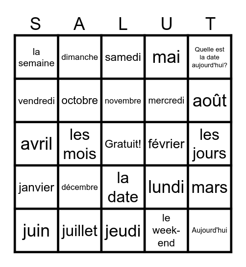 French months & days Bingo Card