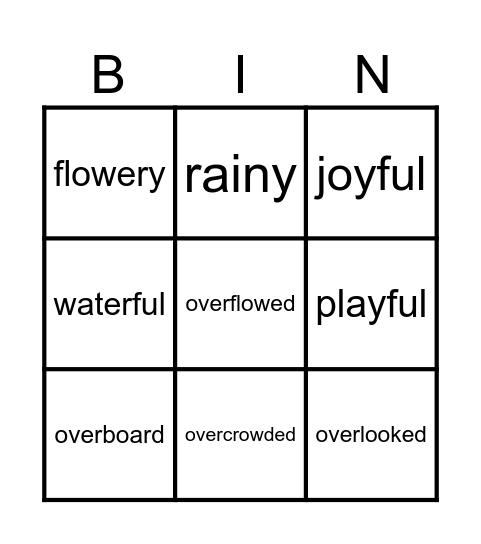 Suffix and Prefix Bingo Card