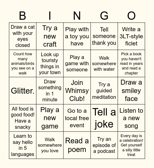 Whimsy Club Bingo Card