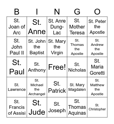 All Saints Bingo Card