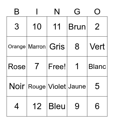 French Numbers and Colours Bingo Card