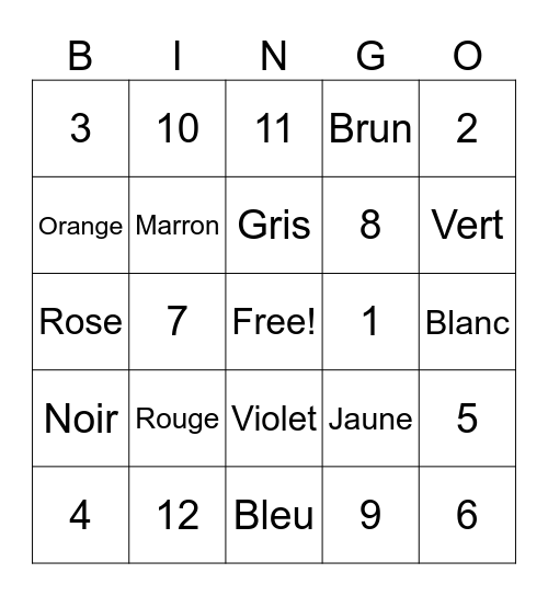 French Numbers and Colours Bingo Card