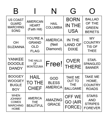 PATRIOTIC SONGS BINGO Card