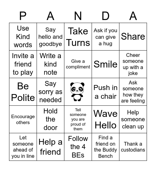 Panda Bingo For Kindness Bingo Card