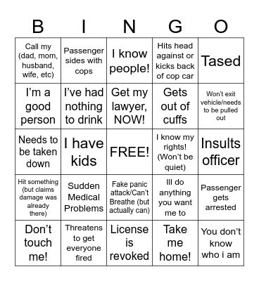 DUI Bodycam Bingo Card