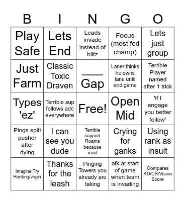 League of Legends NPC Language Bingo Card