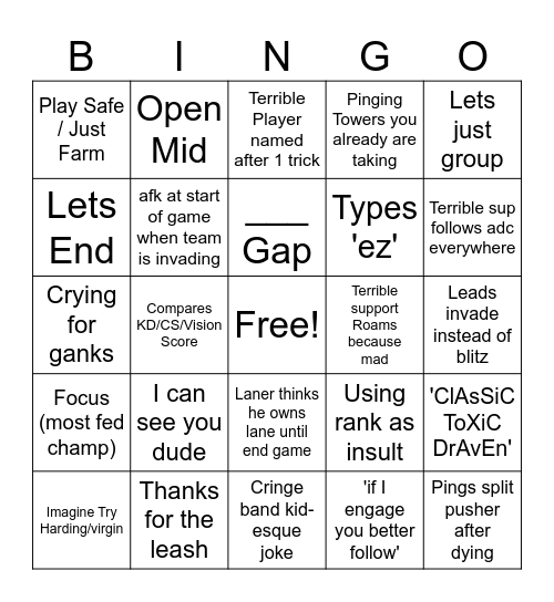 League of Legends NPC Shenanigans Bingo Card