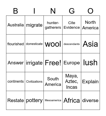 Early America Bingo Card