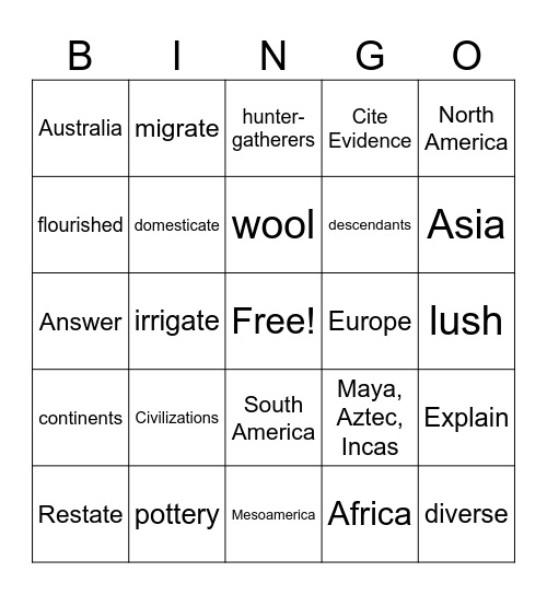 Early America Bingo Card