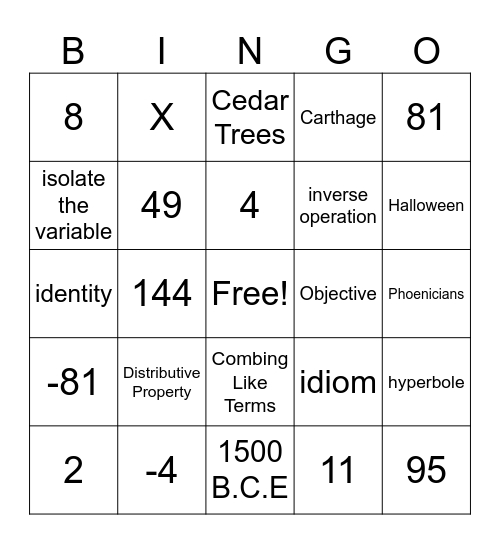 Math Bingo 10/27/23 Bingo Card