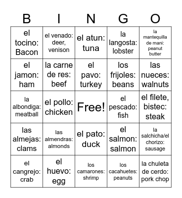 Carnes y Mariscos Bingo Card