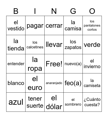 Avancemos 1 Unidad 4.1 Bingo Card