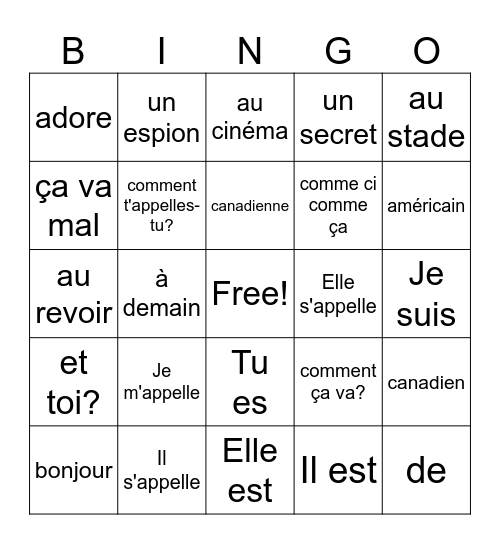 Unité 1- Bonjour Bingo Card