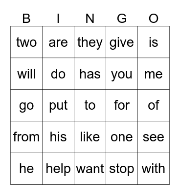 K Sight Words Bingo Card